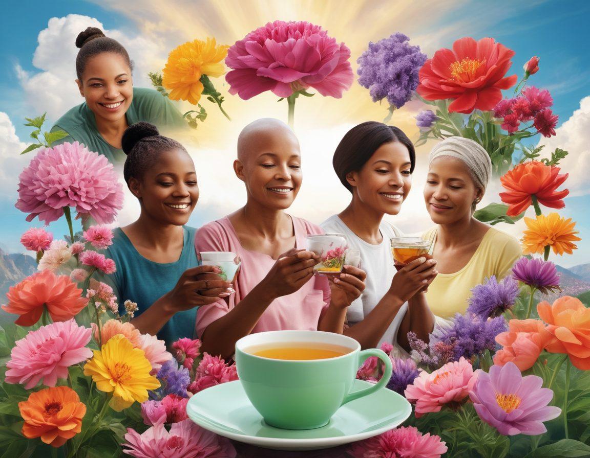 A powerful collage depicting a diverse group of individuals celebrating their cancer recovery journeys, with vibrant imagery of blooming flowers symbolizing hope and resilience. Include serene backgrounds of nature, with sunlight breaking through clouds, and strategically placed elements like a journal and a cup of herbal tea to represent wellness strategies. super-realistic. vibrant colors. uplifting atmosphere.