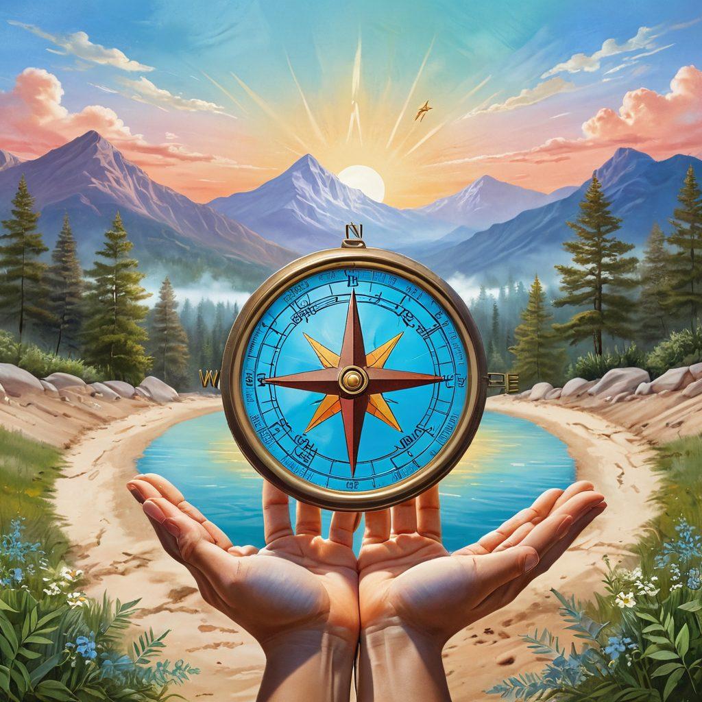 A serene landscape depicting a guiding compass on a tranquil path, surrounded by supportive hands reaching out. Incorporate symbols of health and wellness, such as heart shapes and medical symbols, in a soft, inviting color palette. The background features a bright sky, symbolizing hope and guidance. super-realistic. vibrant colors. peaceful atmosphere.