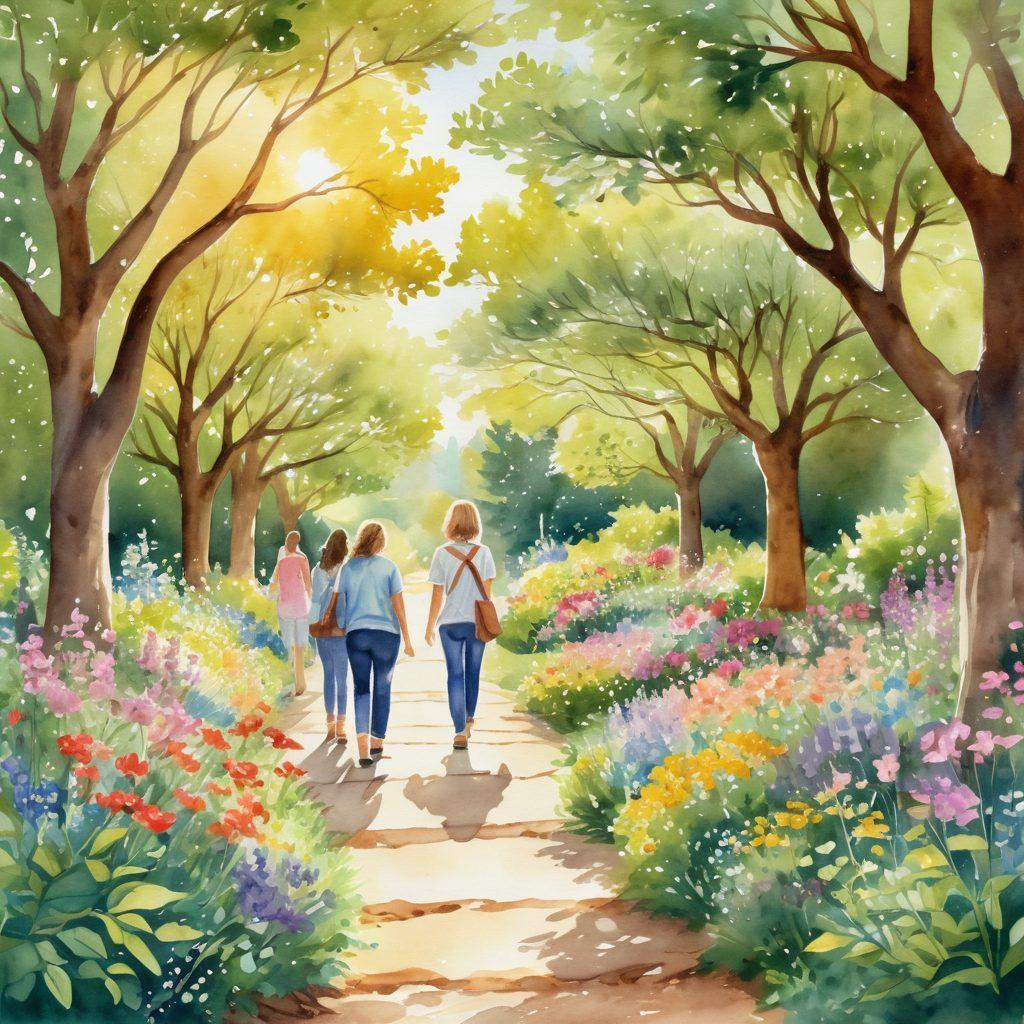 A serene pathway through a lush garden symbolizing hope and healing, adorned with blooming flowers and trees. In the foreground, a diverse group of smiling individuals of various ages sharing wellness tips, with support resources like books and banners visible. A soft, warm sunlight filtering through the branches, creating a sense of peace and empowerment. watercolor style. vibrant colors. inspirational atmosphere.